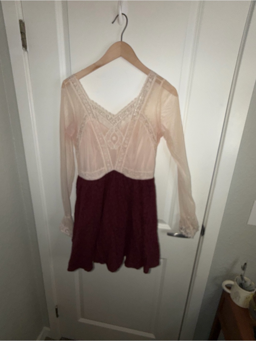 Free People Two-Tone Lace and Mesh Long Sleeve Dress in Blush and Burgundy
